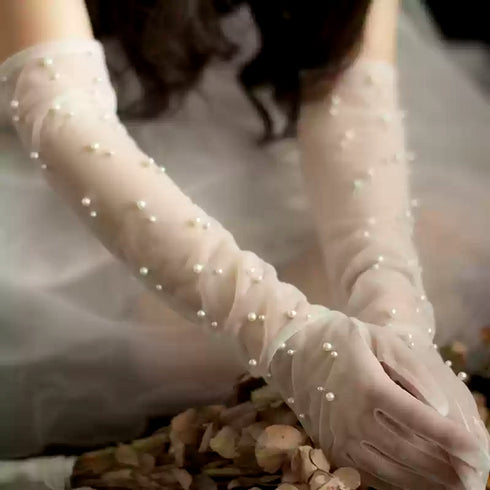 Bridal White Lace Gloves – Long Wedding Gloves with Pearl Accents – White Lace Gloves